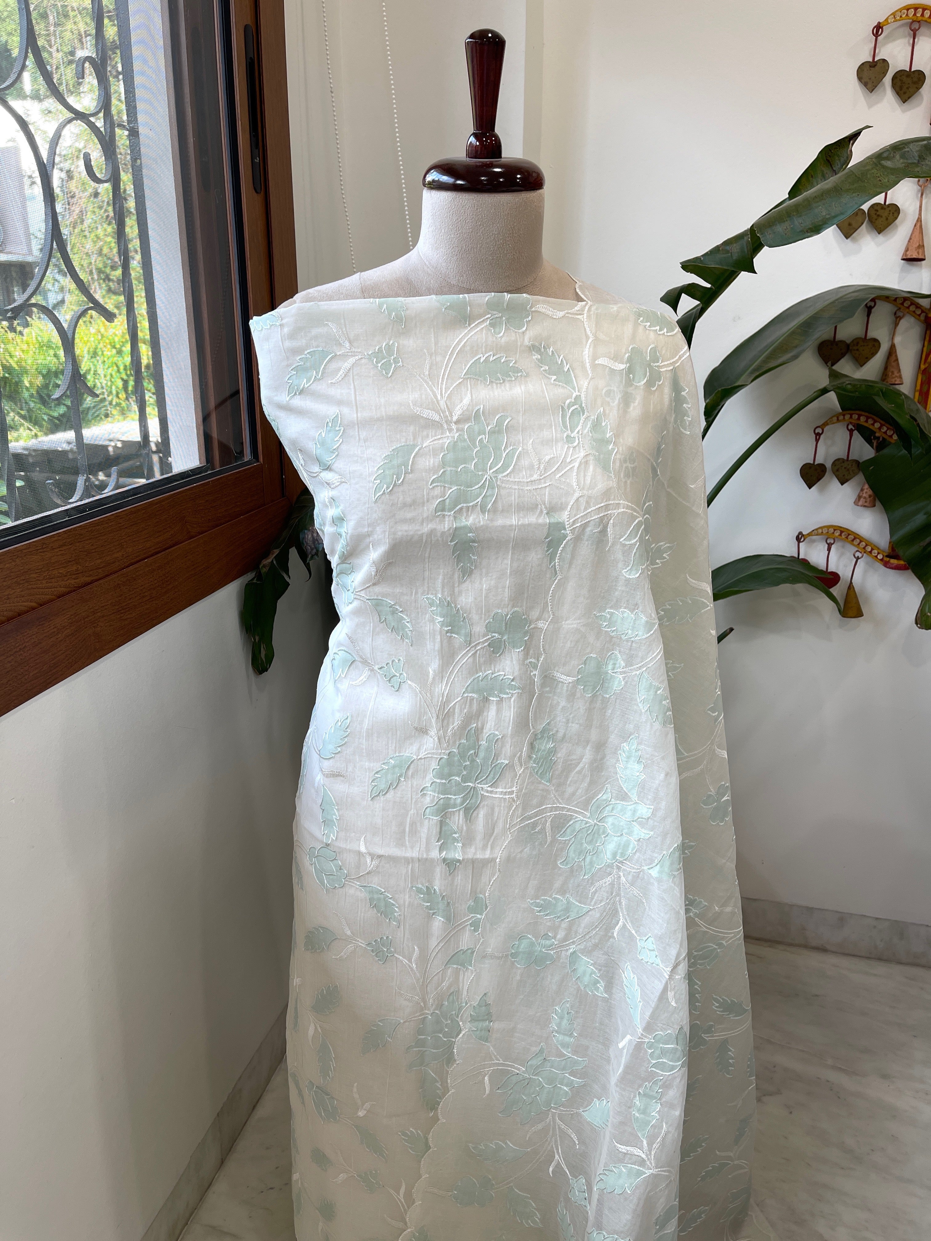 ⁠Off white, Sea green Applique Jaal Dupatta Suit Set in Chanderi - Masakalee