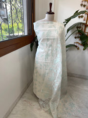 ⁠Off white, Sea green Applique Jaal Dupatta Suit Set in Chanderi - Masakalee