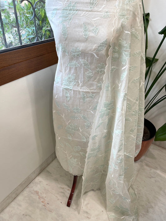 Off - White, Sea Green Applique Jaal Suit Set in Chanderi - Masakalee