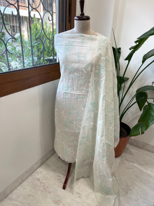 Off - White, Sea Green Applique Jaal Suit Set in Chanderi - Masakalee