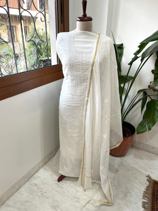 Off - White Suit Set with Lucknowi Handwork in Pure Mul Chanderi - Masakalee