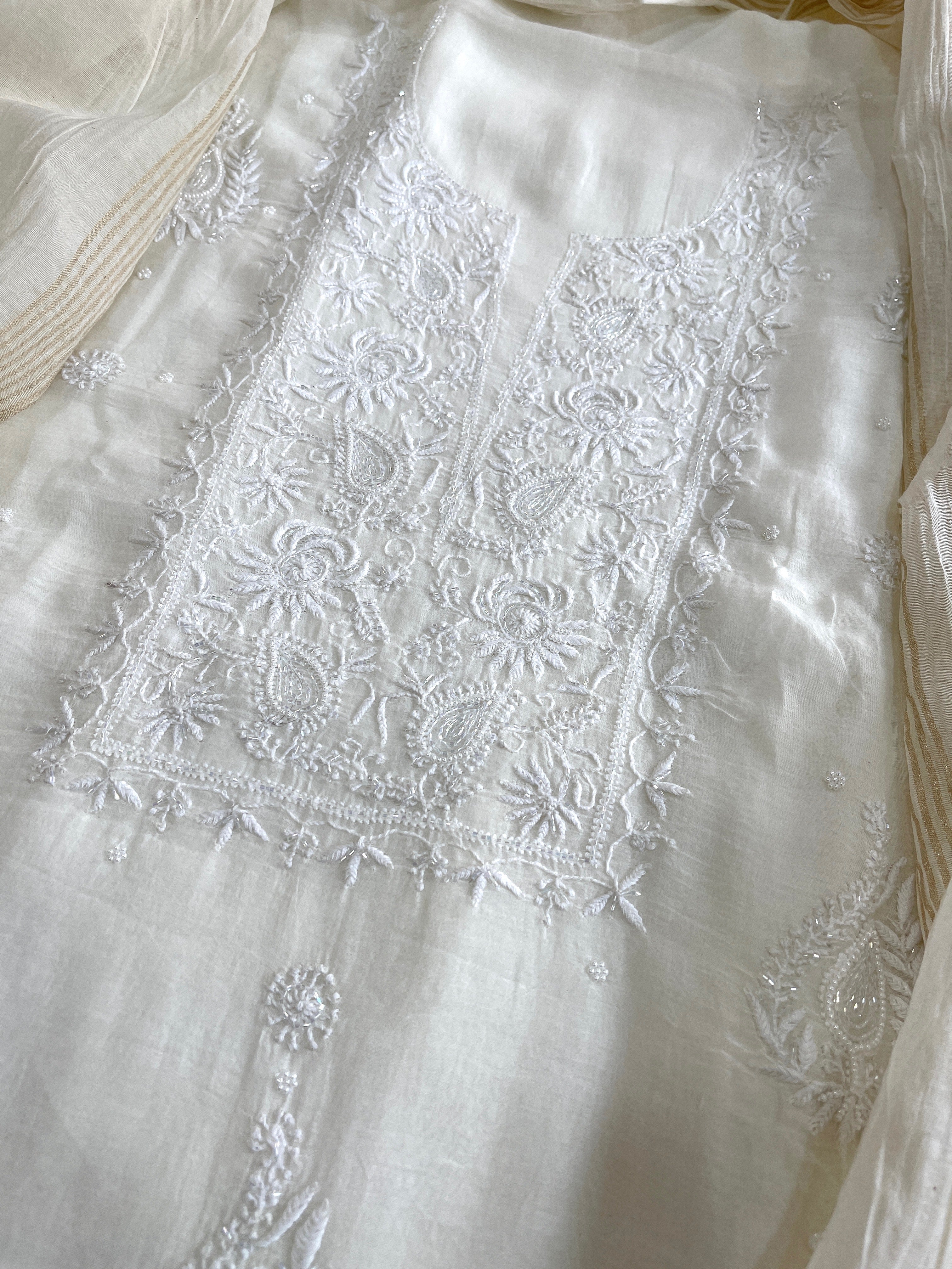 Off - White Suit Set with Lucknowi Handwork in Pure Mul Chanderi - Masakalee