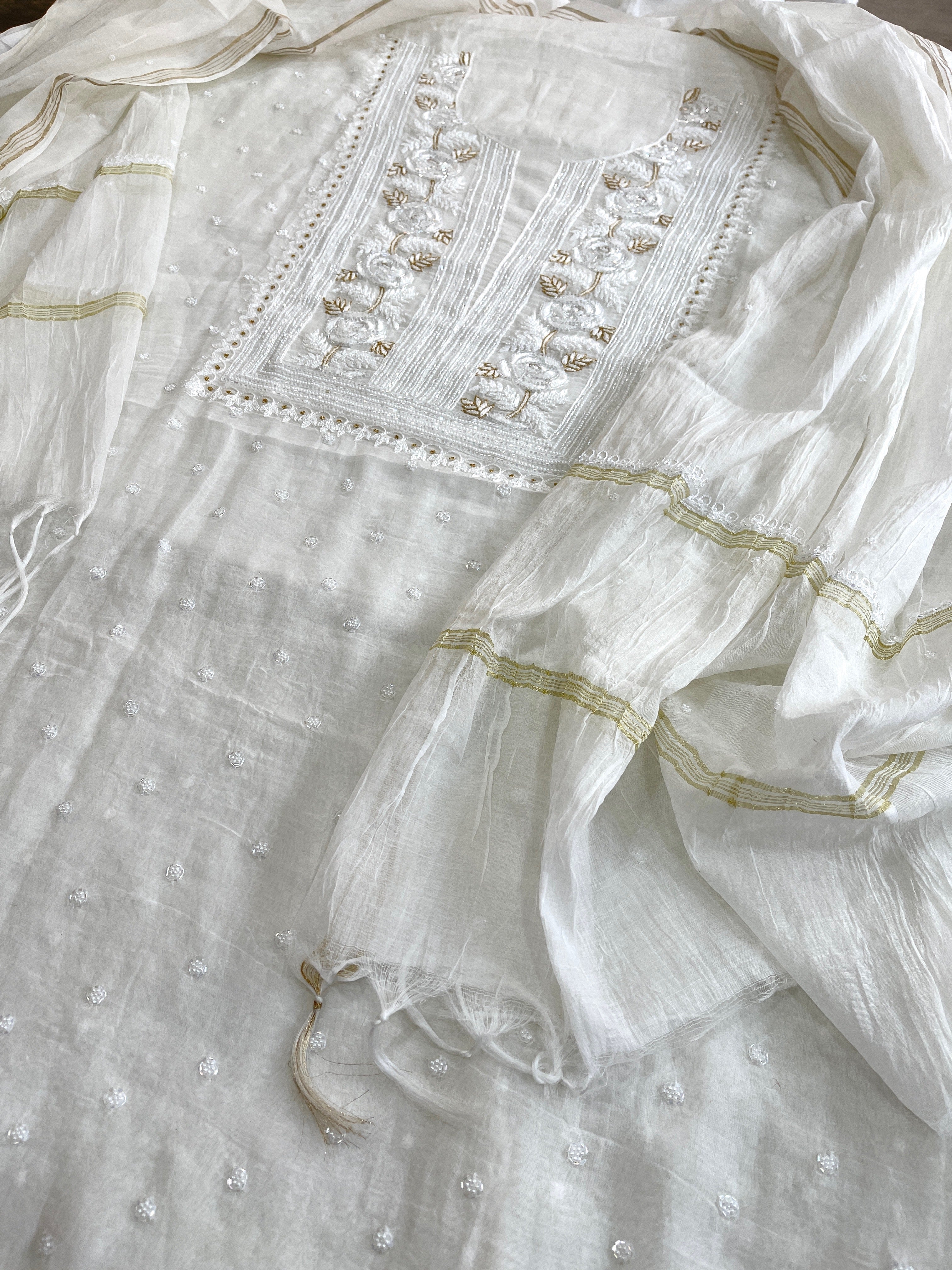 Off - White Suit Set with Lucknowi Handwork in Pure Mul Chanderi - Masakalee