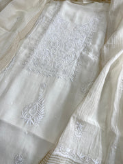 Off - White Suit Set with Lucknowi Handwork in Pure Mul Chanderi - Masakalee