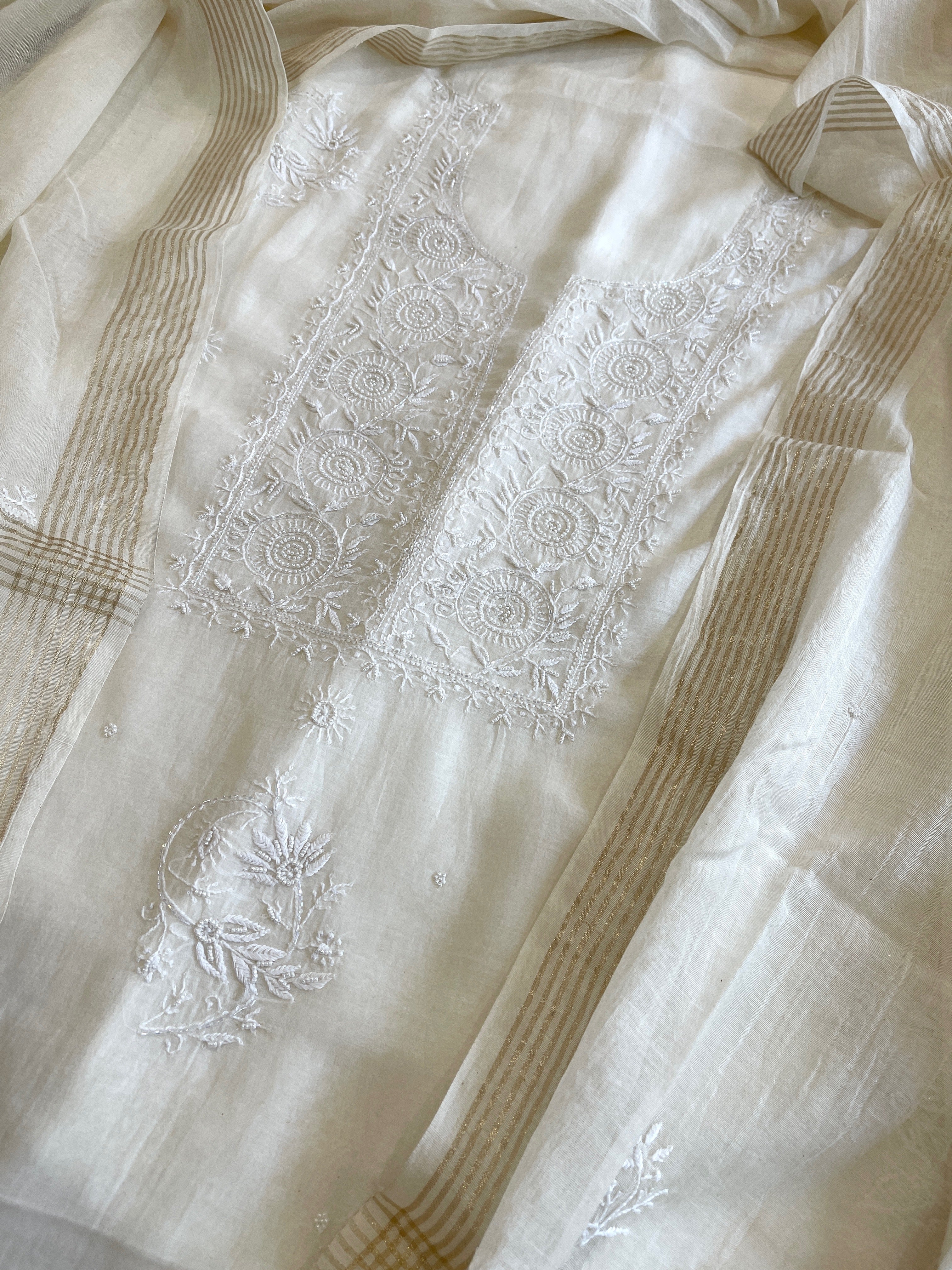 Off White Suit Set with Lucknowi Handwork in Pure Mul Chanderi - Masakalee