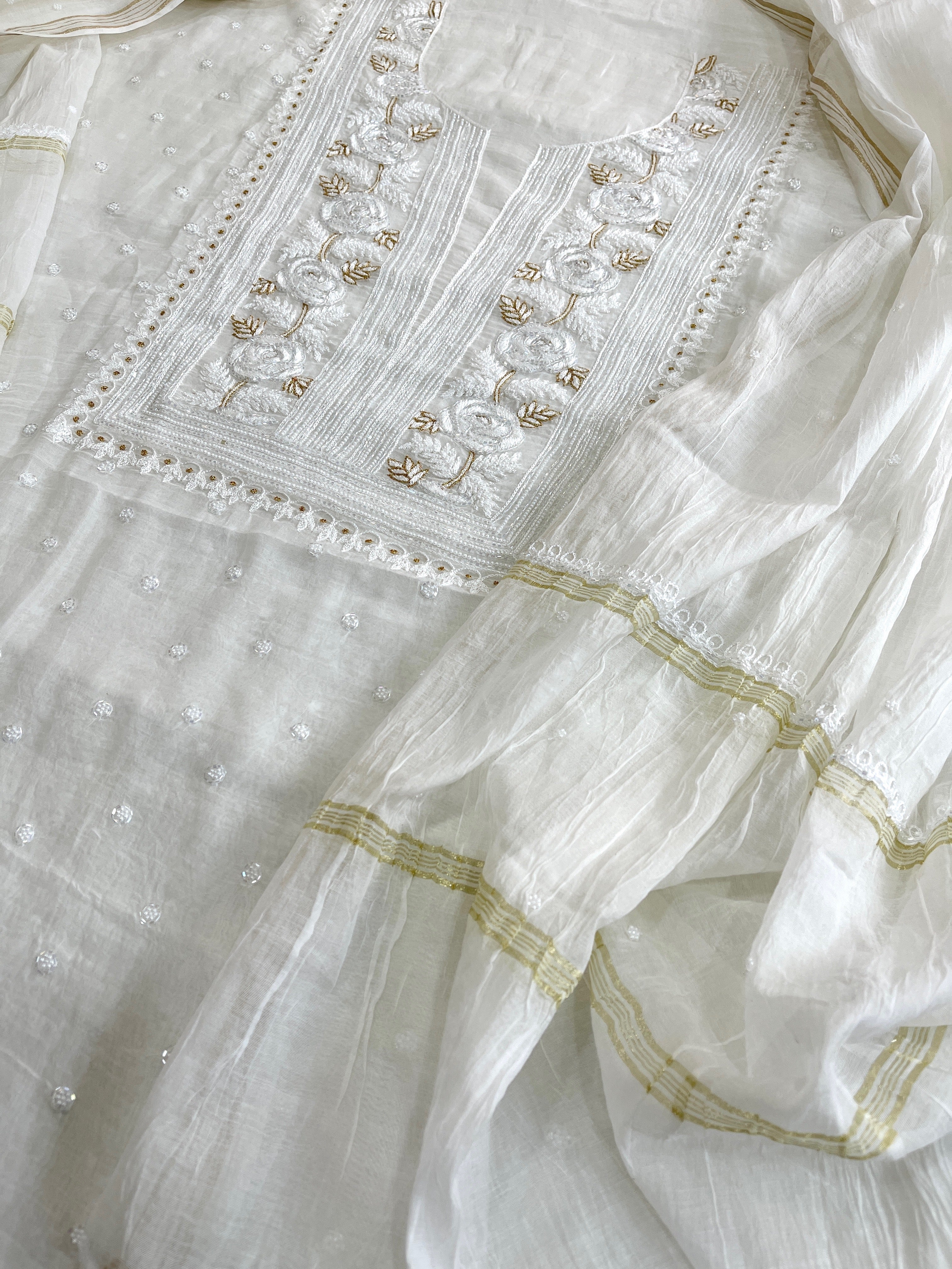 Off - White Suit Set with Lucknowi Handwork in Pure Mul Chanderi - Masakalee