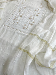 Off - White Suit Set with Lucknowi Handwork in Pure Mul Chanderi - Masakalee