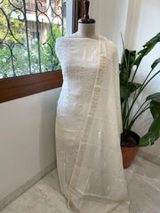 Off White Suit Set with Lucknowi Handwork in Pure Mul Chanderi - Masakalee