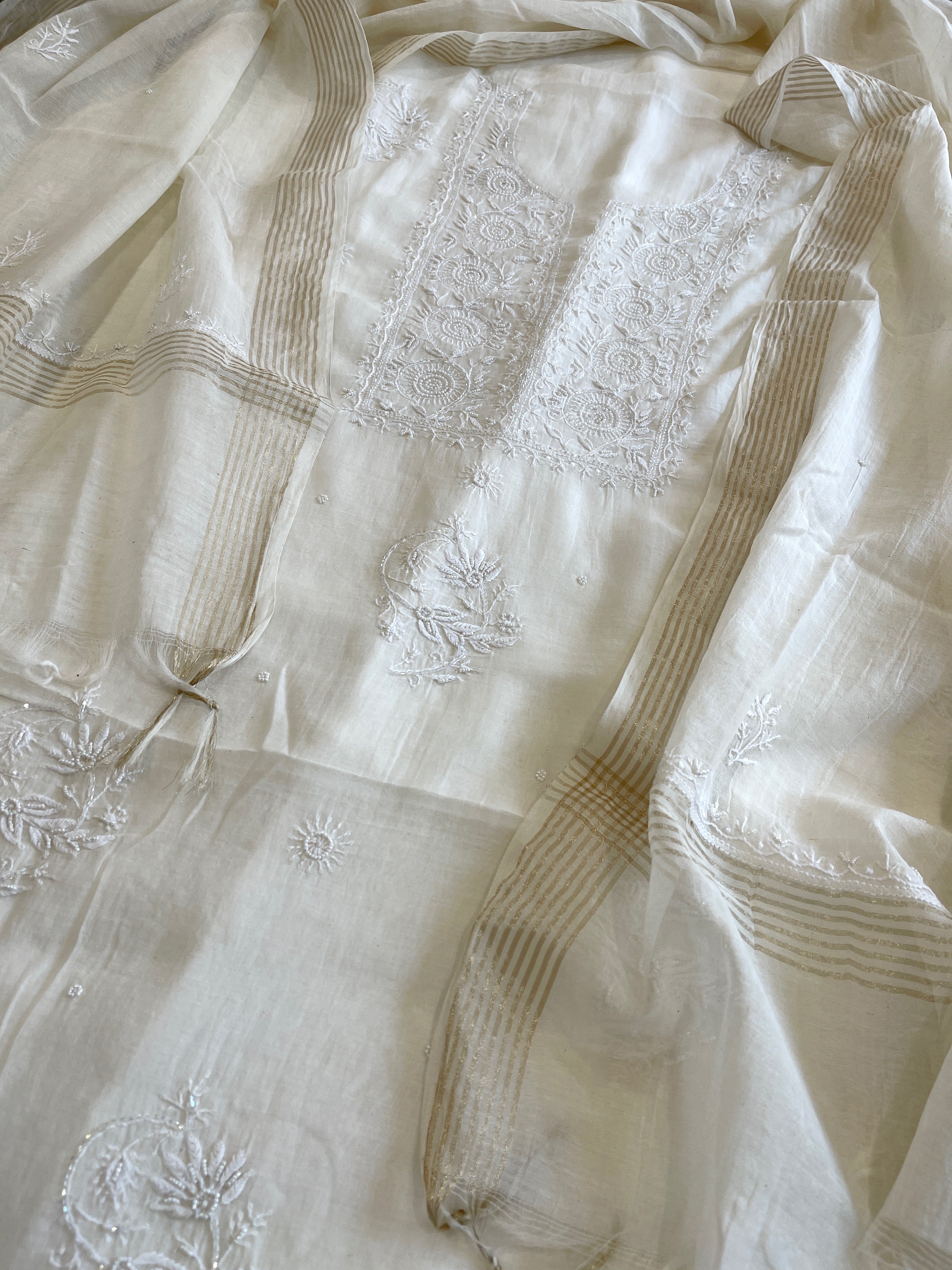 Off White Suit Set with Lucknowi Handwork in Pure Mul Chanderi - Masakalee