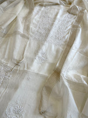 Off White Suit Set with Lucknowi Handwork in Pure Mul Chanderi - Masakalee