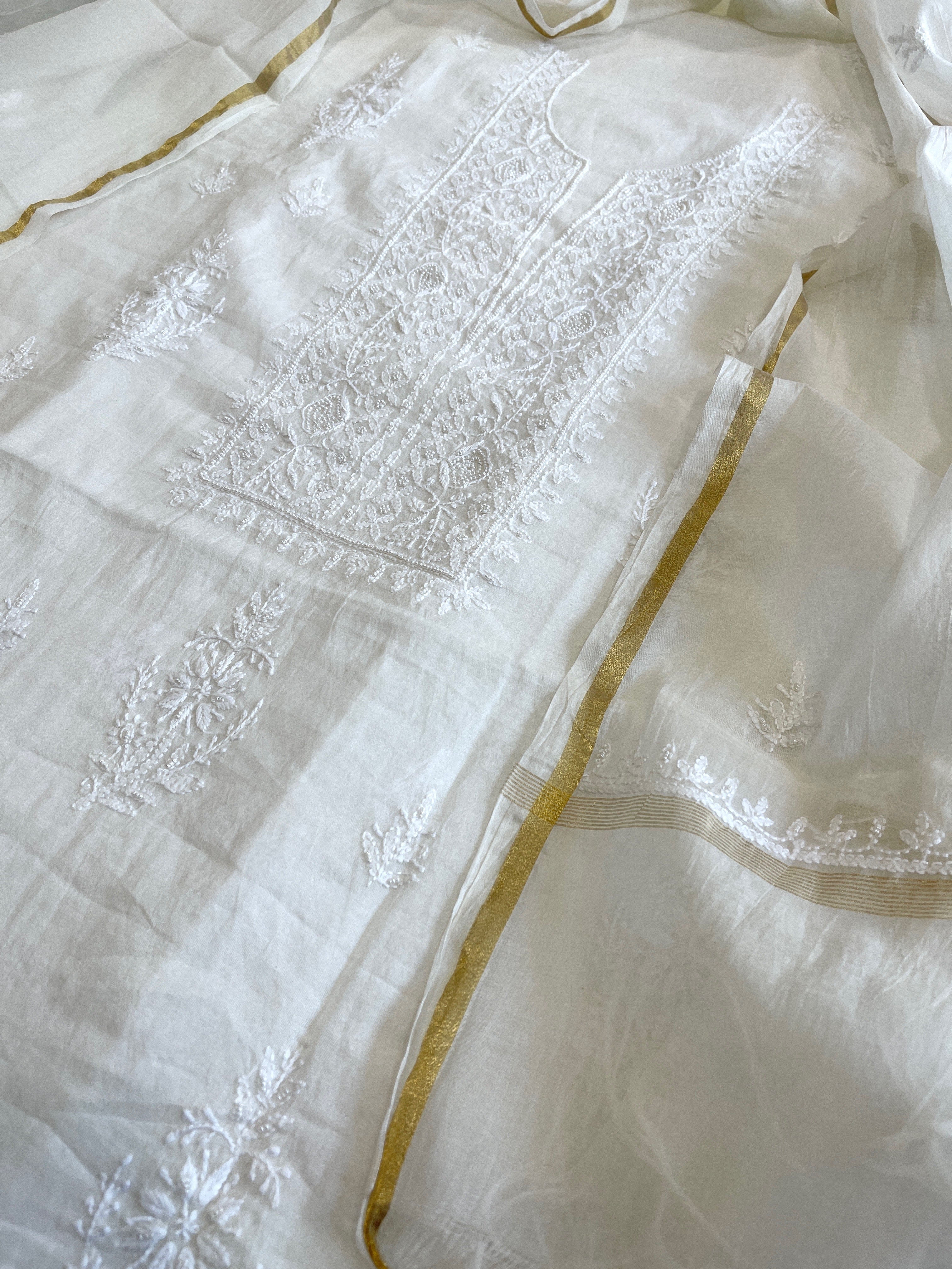 Off - White Suit Set with Lucknowi Handwork in Pure Mul Chanderi - Masakalee