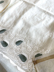 Off - White Suit Set with Thread Embroidery in Mul Chanderi - Masakalee