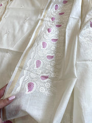 Off - White Suit Set with Thread Embroidery in Mul Chanderi - Masakalee