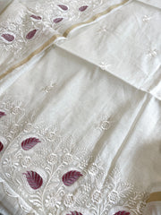 Off - White Suit Set with Thread Embroidery in Mul Chanderi - Masakalee