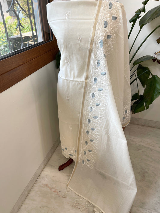 Off - White Suit Set with Thread Embroidery in Mul Chanderi - Masakalee
