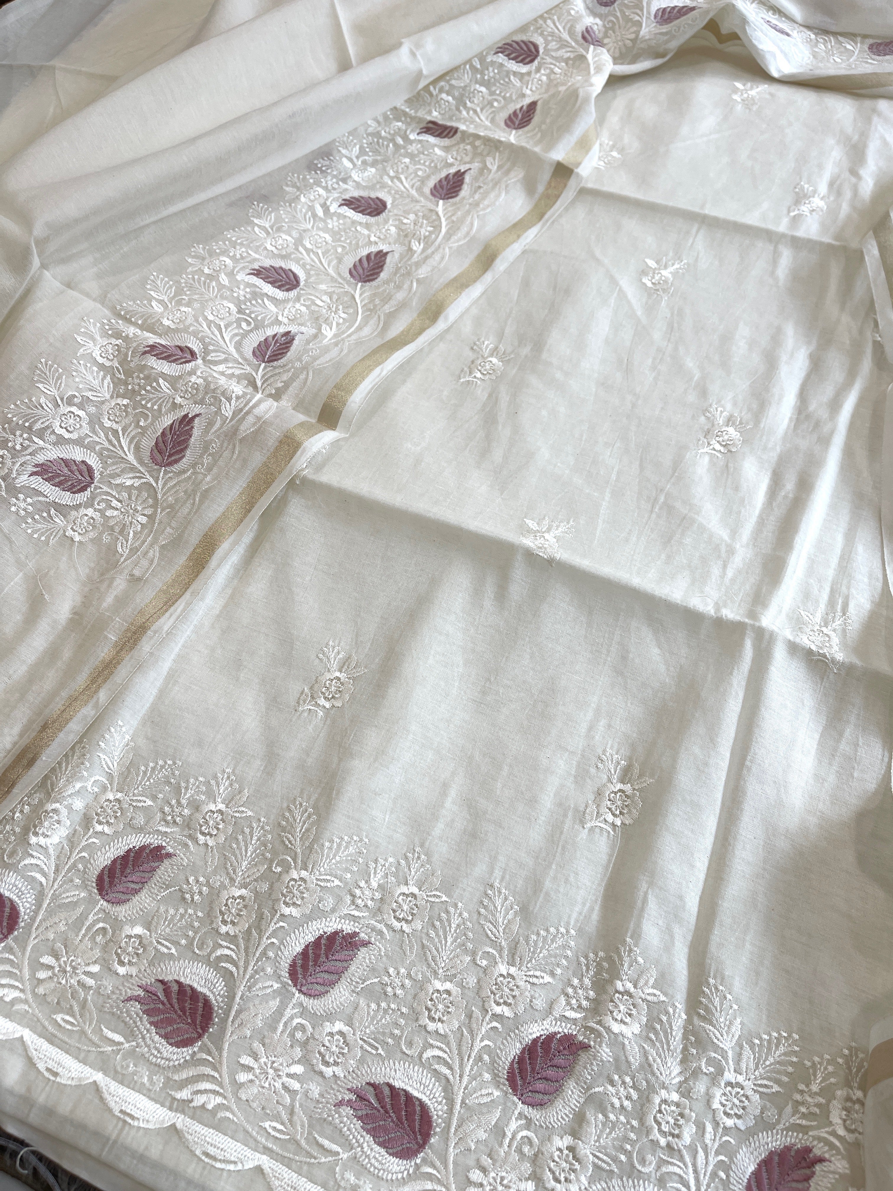 Off - White Suit Set with Thread Embroidery in Mul Chanderi - Masakalee