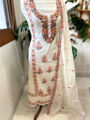 Off - White Suit Set with Thread Embroidery in Mul Chanderi - Masakalee