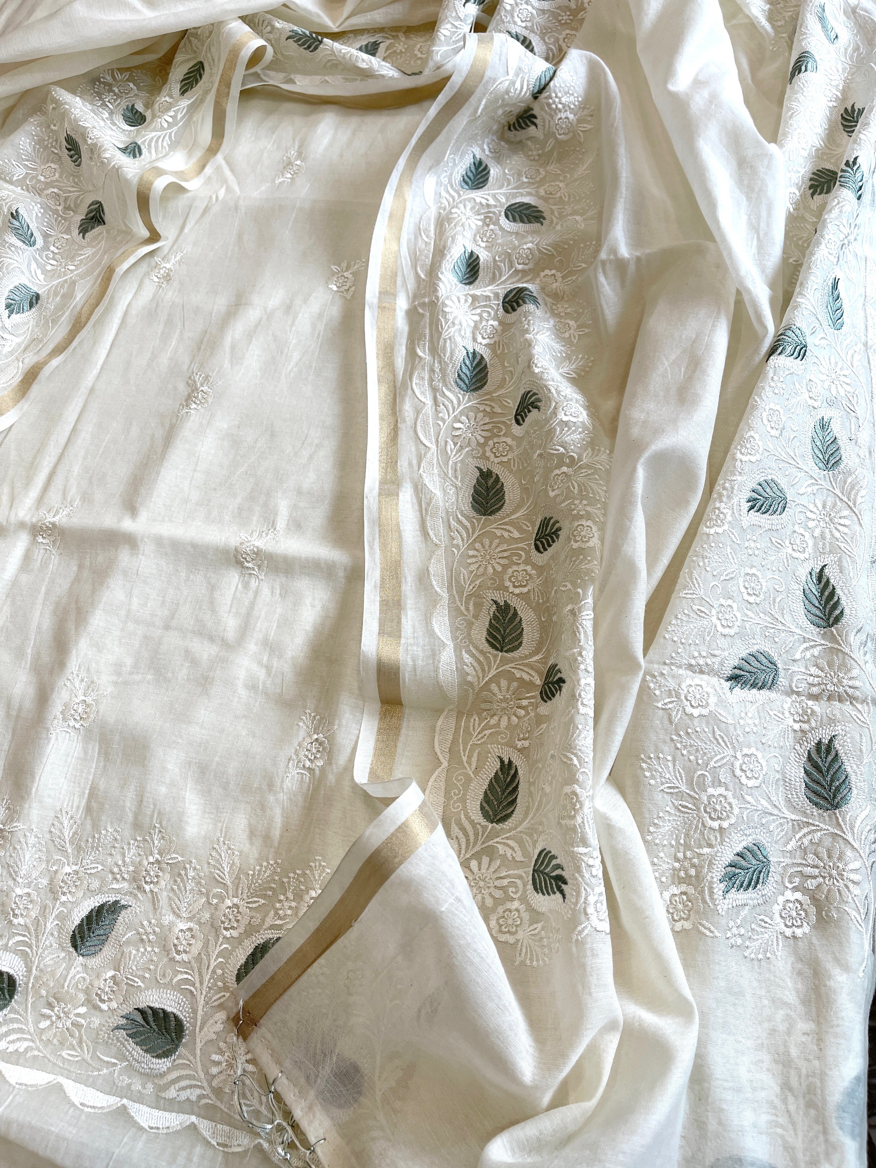 Off - White Suit Set with Thread Embroidery in Mul Chanderi - Masakalee