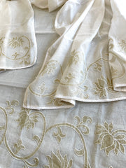 Off White Tissue Applique Suit Set in Mul Chanderi - Masakalee
