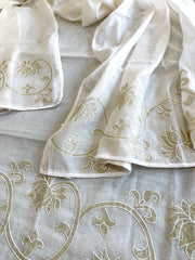 Off White Tissue Applique Suit Set in Mul Chanderi - Masakalee