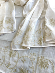 Off White Tissue Applique Suit Set in Mul Chanderi - Masakalee