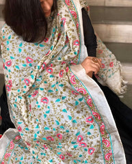 Off - White Tussar Silk dupatta with Thread Jaal Embroidery - Masakalee