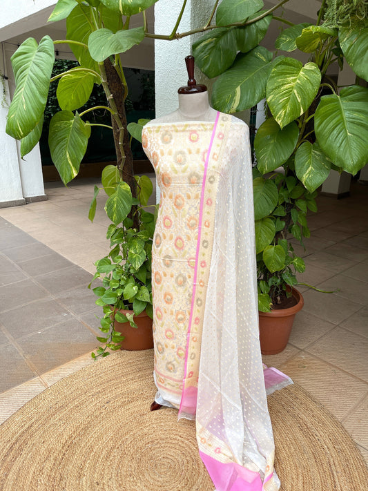 Off - White with Lime Tinge Handwoven Khaddi 3 - Piece Suit Set in Pure Georgette - Masakalee