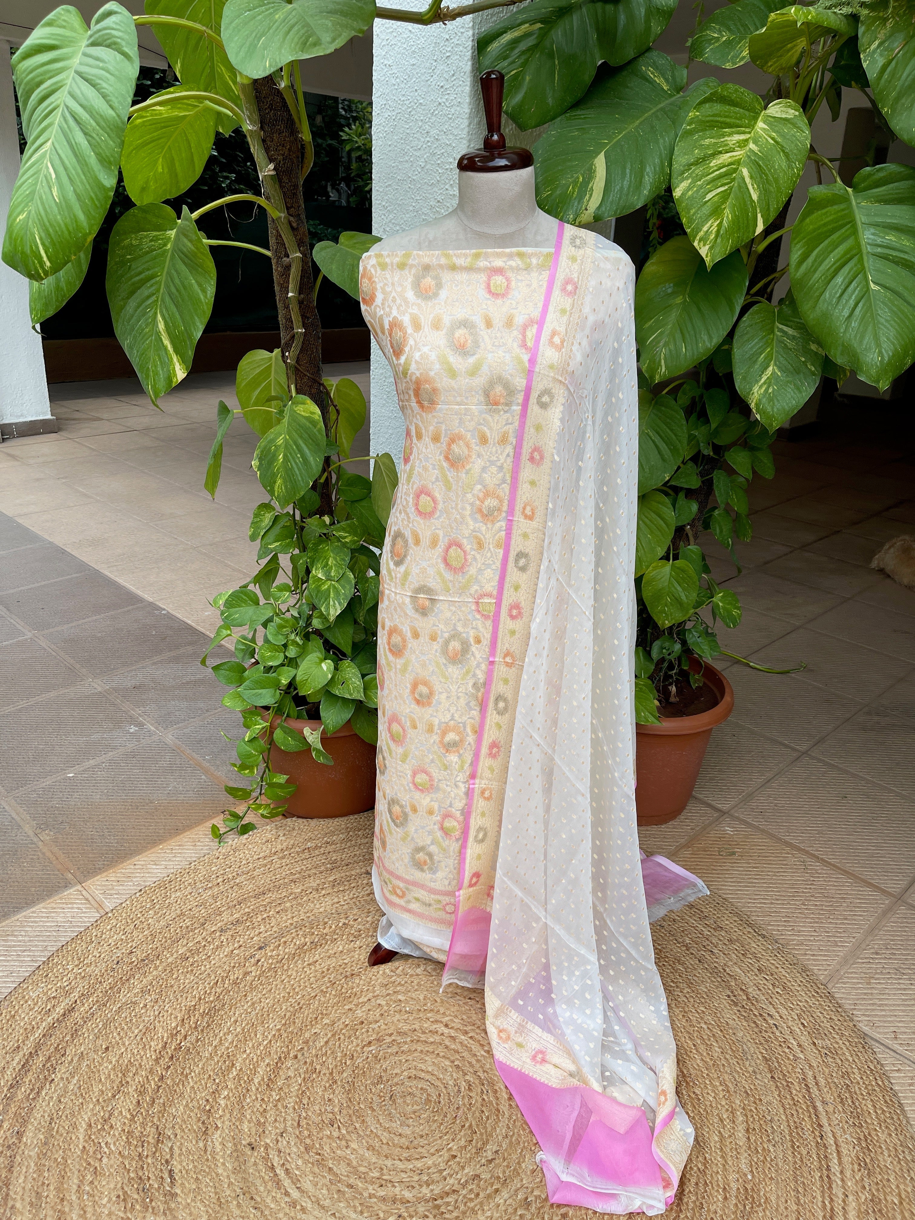 Off - White with Lime Tinge Handwoven Khaddi 3 - Piece Suit Set in Pure Georgette - Masakalee
