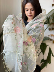 Off - White with Lime Tinge Kota Cotton Dupatta with Thread Embroidery - Masakalee
