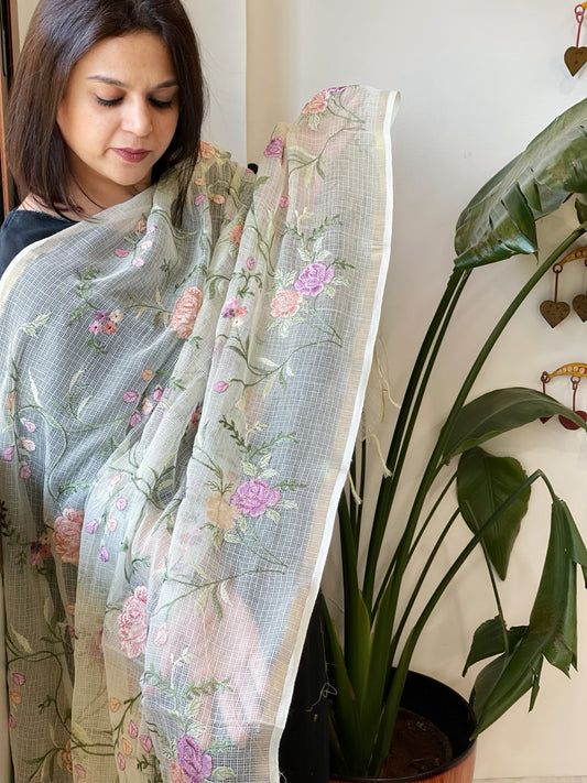 Off - White with Lime Tinge Kota Cotton Dupatta with Thread Embroidery - Masakalee