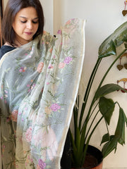 Off - White with Lime Tinge Kota Cotton Dupatta with Thread Embroidery - Masakalee