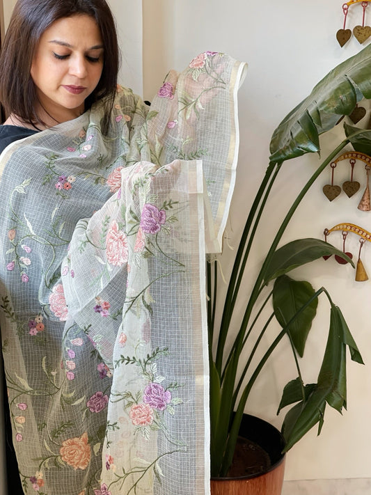 Off - White with Lime Tinge Kota Cotton Dupatta with Thread Embroidery - Masakalee