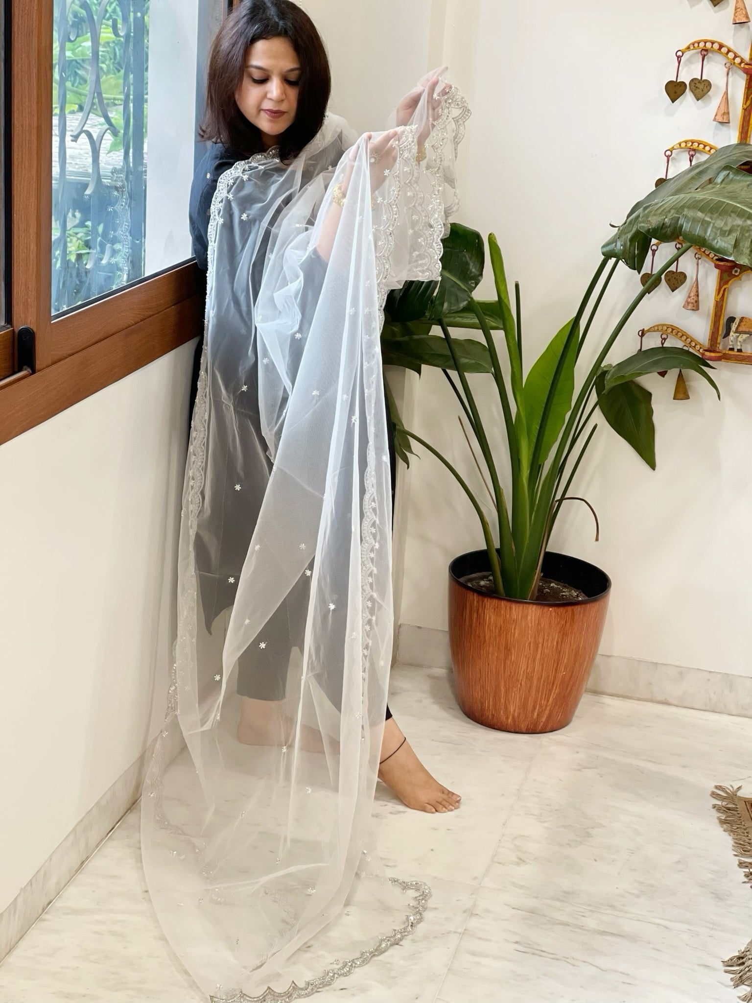 Off-White with Silver Work Net Dupatta with Pearl, Sequin and Cut Daana Embroidery - Masakalee