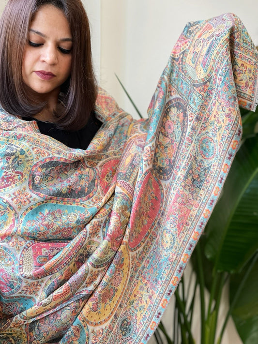 Off - White Woven Kaani Jaal Pashmina Shawl - Masakalee