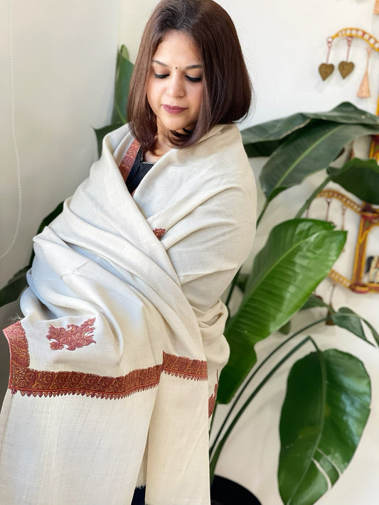 Off - White Woven Pashmina Shawl with Thread Embroidery - Masakalee