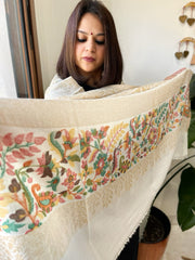 Off - White Woven Pashmina Zari Shawl with Kaani Pallu - Masakalee