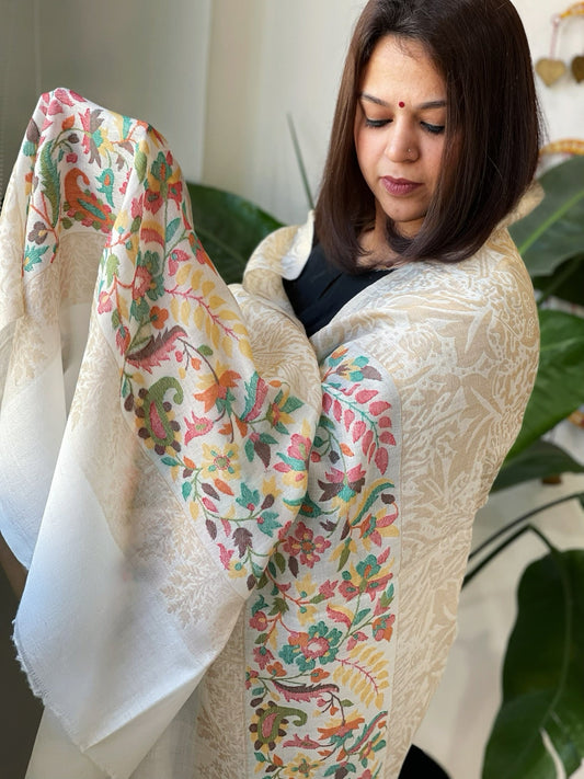 Off - White Woven Pashmina Zari Shawl with Kaani Pallu - Masakalee