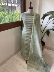 Olive Green Handblock Printed Suit Set in Mul Cotton - Masakalee