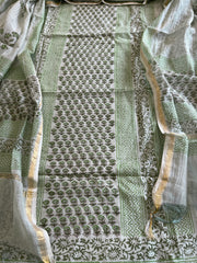 Olive Green Handblock Printed Suit Set in Mul Cotton - Masakalee