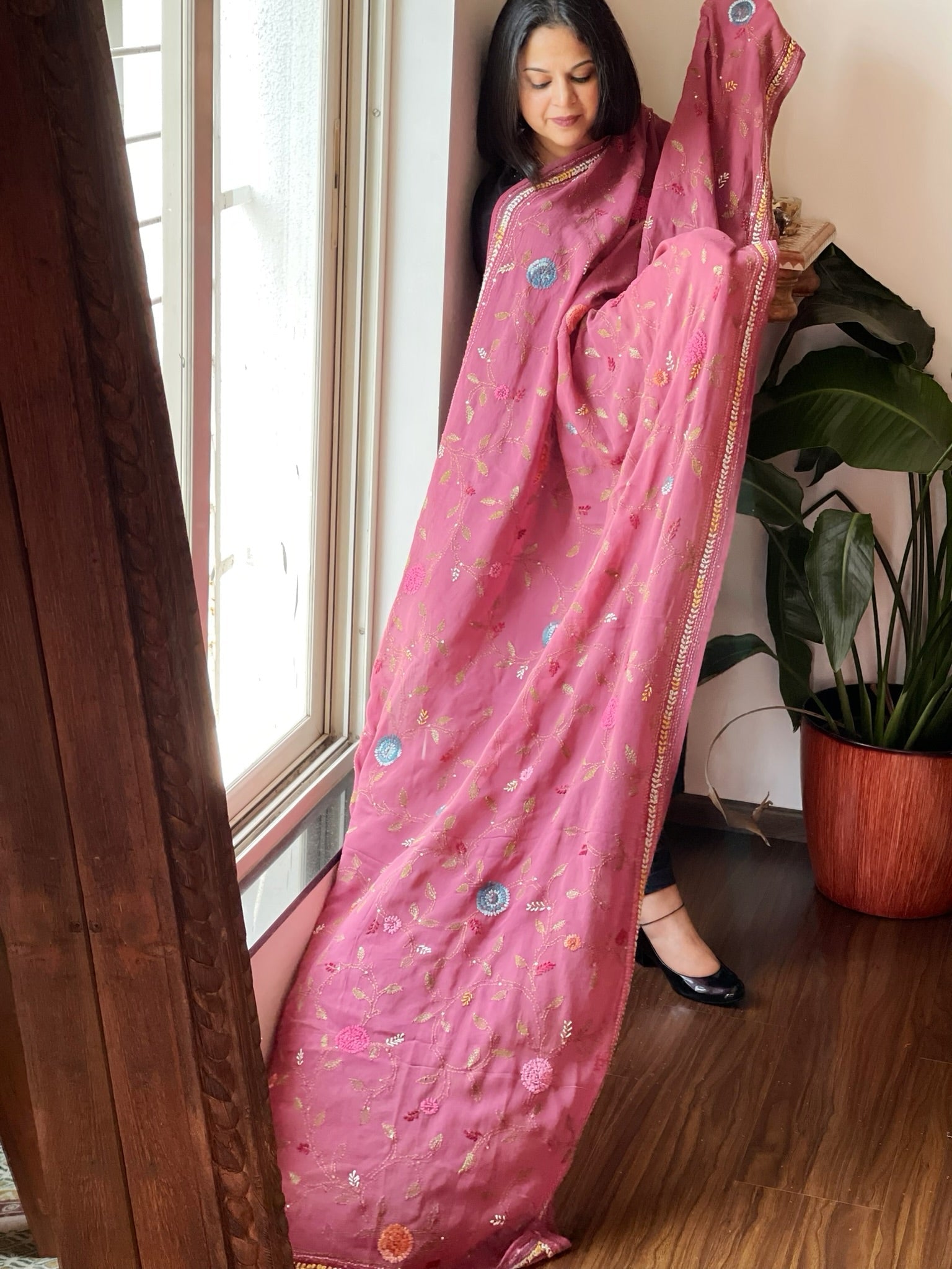 Onion Pink Hand Embroidered Dupatta in Georgette - Masakalee
