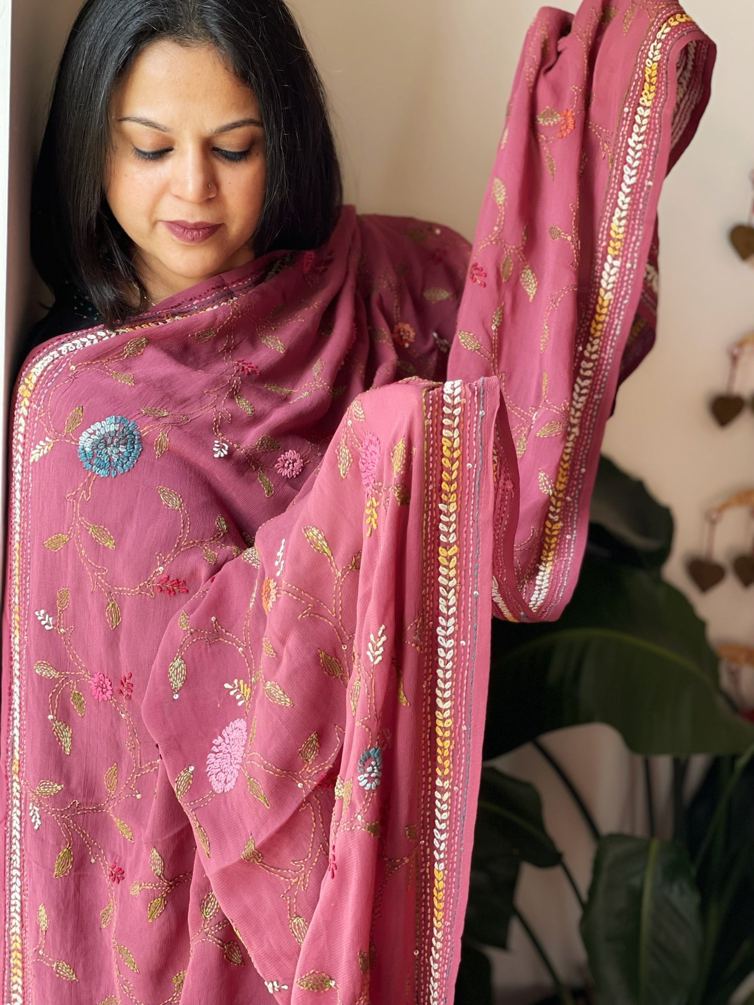 Onion Pink Hand Embroidered Dupatta in Georgette - Masakalee