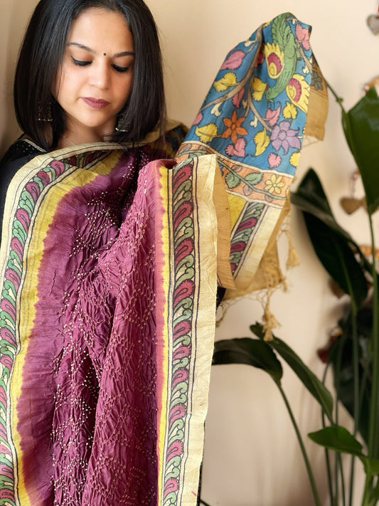 Onion Pink Rai Bandhej Dupatta with Handpainted Kalamkari Pallu in Pure Muga Silk - Masakalee
