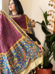 Onion Pink Rai Bandhej Dupatta with Handpainted Kalamkari Pallu in Pure Muga Silk - Masakalee