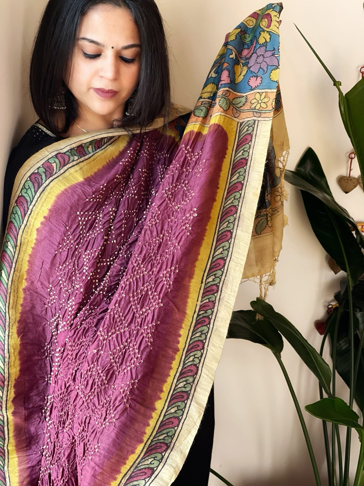 Onion Pink Rai Bandhej Dupatta with Handpainted Kalamkari Pallu in Pure Muga Silk - Masakalee
