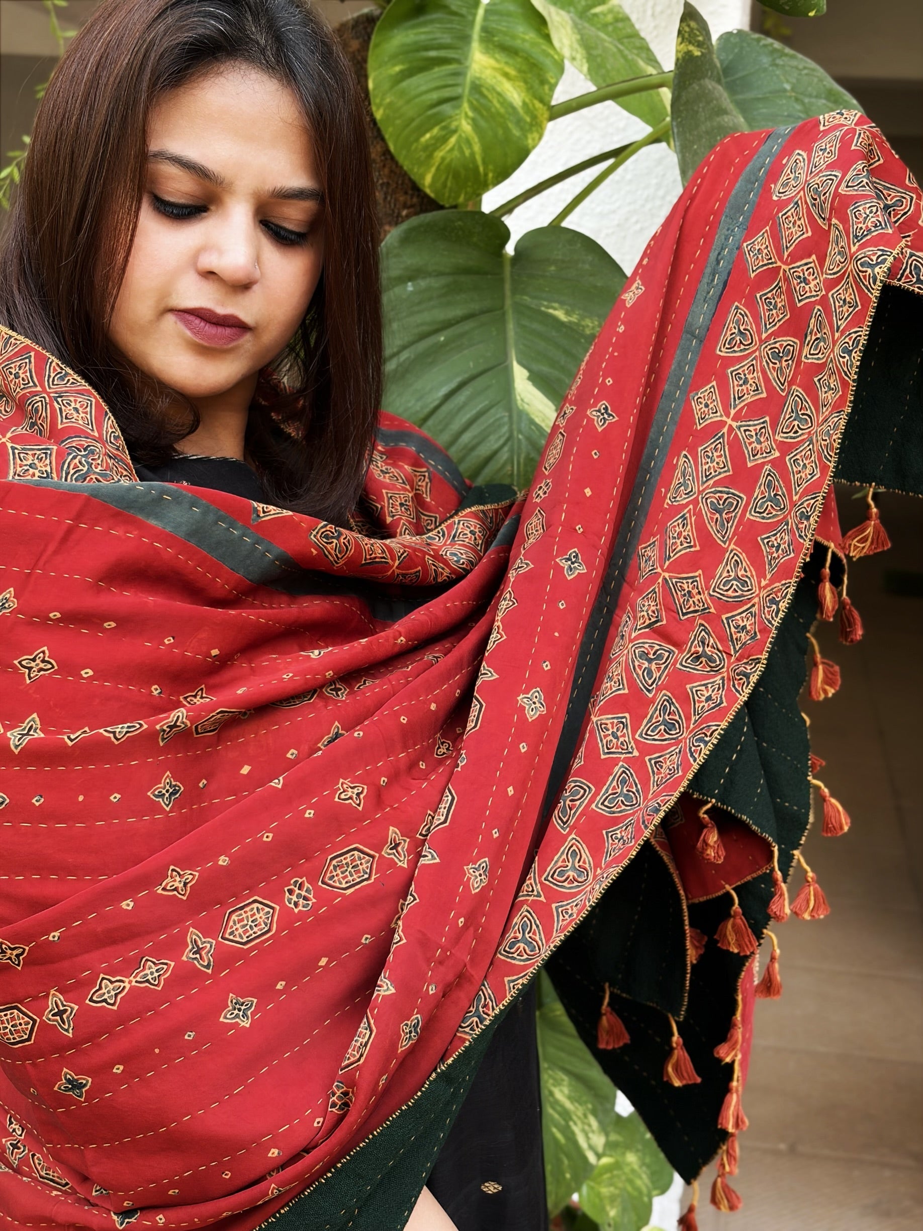 Orange Ajrakh Handblock Printed Silk - Woollen Shawl - Masakalee