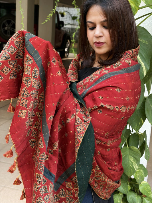 Orange Ajrakh Handblock Printed Silk - Woollen Shawl - Masakalee