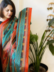 Orange, Aqua Blue Handmade Kantha Dupatta in Silk - Masakalee