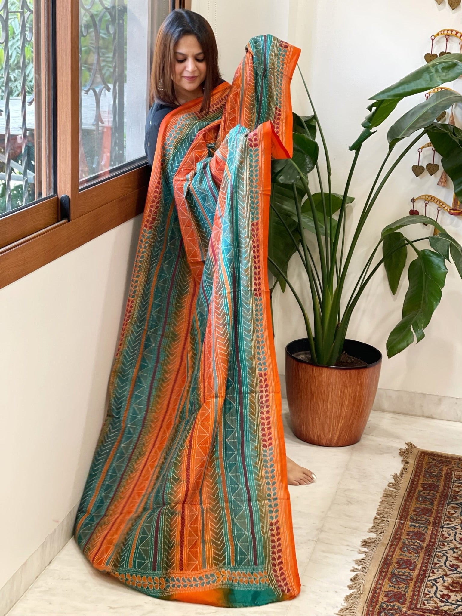 Orange, Aqua Blue Handmade Kantha Dupatta in Silk - Masakalee