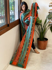 Orange, Aqua Blue Handmade Kantha Dupatta in Silk - Masakalee
