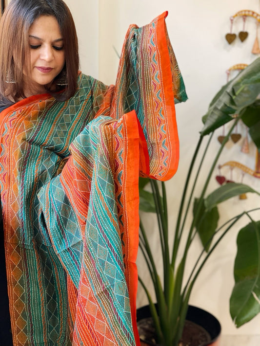 Orange, Aqua Handmade Kantha Dupatta in Silk - Masakalee